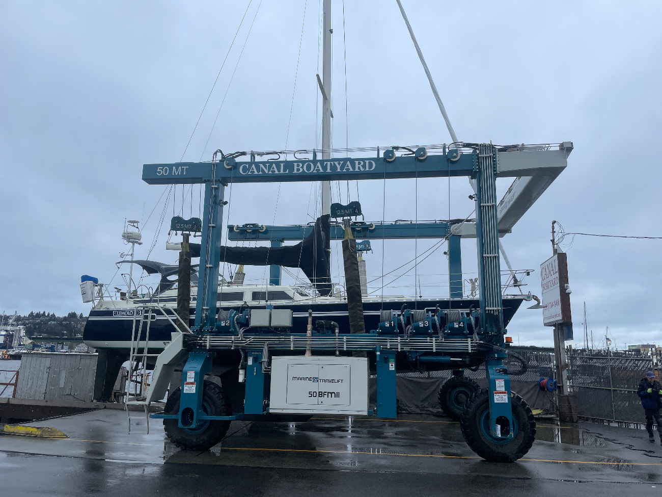 Sailboat in a travel lift